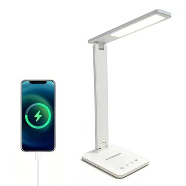 Imagem de Lâmpada de mesa de LED com porta de carregamento USB, 5 modos de cor e 5 níveis de brilho, luminária de mesa com controle de toque regulável para os olhos, braço dobrável ajustável, luz de mesa