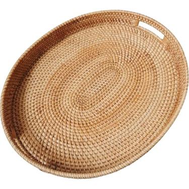 Imagem de i-lan Bandeja oval para corte de café da manhã extragrande, travessas de armazenamento de alimentos de vime para frutas, pão, bebidas, lanches | Cesta de servir mesa de café, bandeja otomana com alças