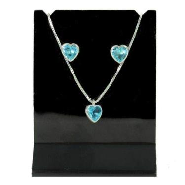 Imagem de Colar E Brinco Prata 925 Ponto Luz Coração Azul