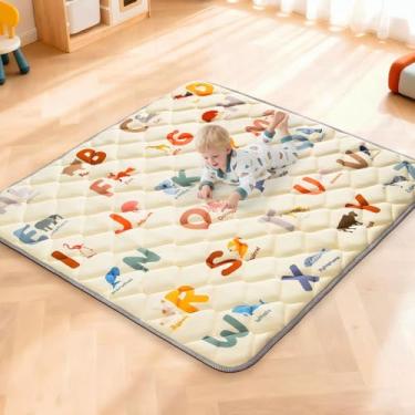 Imagem de omzer Tapetes de brincar para o chão – Tapete de brinquedo 127 x 127 cm – Tapete almofadado para bebês e crianças pequenas – Tapete de espuma antiderrapante e lavável na máquina – Design do alfabeto