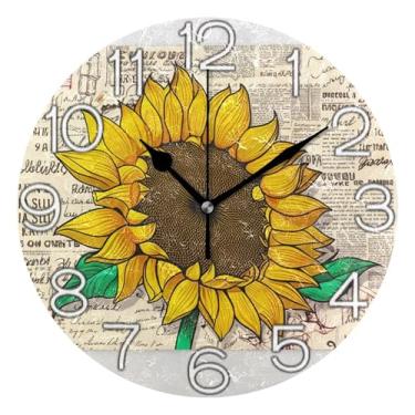 Imagem de Relógio de parede analógico decorativo redondo sem tique-taque silencioso relógio de cozinha de escritório, decoração de parede vintage, vintage amarelo girassol bege, 25 cm, ponteiros dourados