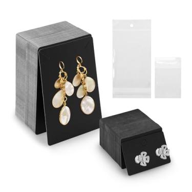 Imagem de Diakey Conjunto de 200 cartões de brinco com sacos, 2 tamanhos, 200 cartões de suporte para exibição de brincos com 200 sacos, etiquetas de papelão para embalagem de orelha, colar, venda de joias