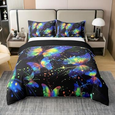 Imagem de Homewish Capa de edredom de borboleta 100% algodão, tamanho solteiro, conjunto de cama de borboleta colorida, 2 peças para decoração de quarto de crianças, meninas, adolescentes, capa de edredom de