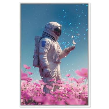 Imagem de Arte de parede de astronauta com impressão em tela de visitante estrelado por Art Remedy, moldura branca, 50 x 76 cm