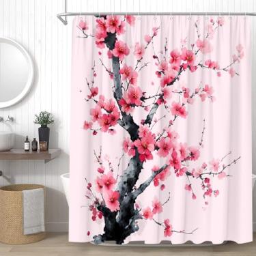 Imagem de YSSFAV Cortina de chuveiro flor de cerejeira asiática japonesa chinesa ameixa floral estilo de pintura estética romântica primavera aquarela rosa decoração de banheiro conjunto com ganchos, 177,8 cm L