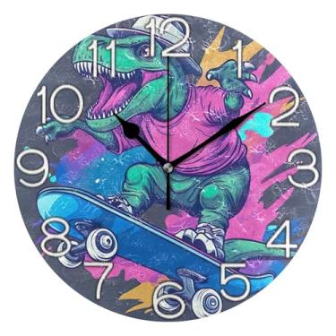 Imagem de GAIGEO Relógio de parede analógico decorativo redondo sem tique-taque silencioso relógio de cozinha rústico, decoração de sala de estar, arte moderna, arte de dinossauro colorida legal, 25 cm