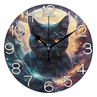 Imagem de GAIGEO Relógio de parede analógico decorativo para sala de aula, escritório, operado por bateria, silencioso, arte de parede, decoração de casa, planeta gato preto, 25 cm, ponteiros dourados