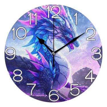 Imagem de GAIGEO Relógio de parede decorativo analógico escritório cozinha relógio redondo sem tique-taque silencioso, decoração moderna de meados do século arte colorida dragão azul roxo, 25 cm, ponteiros