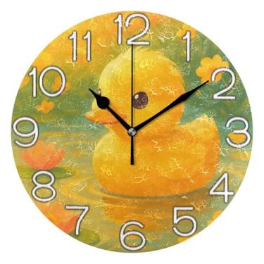 Imagem de GAIGEO Relógio de parede analógico decorativo operado por bateria relógio de cozinha fofo, decoração de parede de meados do século sala de estar bonito desenho de pato amarelo, 25 cm, ponteiros