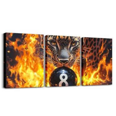Imagem de Erosebridal Decorações de parede de leopardo legal 8 bolas de bilhar 3 peças de arte de parede para sala de estar 40,6 cm C x 30,5 cm L cada, estampa de guepardo com chama de fogo bolas de mesa de