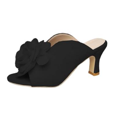 Imagem de Sandálias femininas de salto alto com detalhe floral e bico de peixe casual para festas noturnas, Preto, 35
