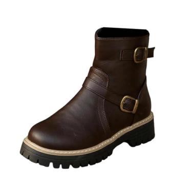 Imagem de Botas de cano curto femininas com zíper lateral bico redondo salto baixo casual inverno botas curtas, Marrom, 38