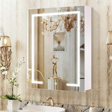 Imagem de KAASUNES Janboe Armário de remédios LED com luz, organizador de maquiagem com espelho, prateleira de vidro de iluminação, 3 cores e regulador, 56 × 76 cm, branco