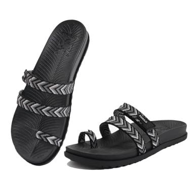 Imagem de KuaiLu Sandálias femininas deslizantes com fascite plantar suporte de arco moderno confortável sandálias planas ajustáveis femininas leves ortopédicas sem cadarço, Preto elegante, 34