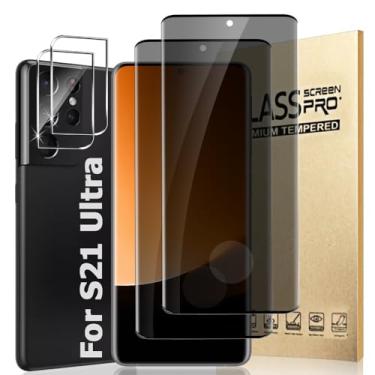 Imagem de Pacote com 2 protetores de tela ultra privacidade para Galaxy S21 e 2 protetores de lente de câmera, vidro temperado antiespião de dureza 9H, compatível com impressão digital, cobertura total 3D, sem