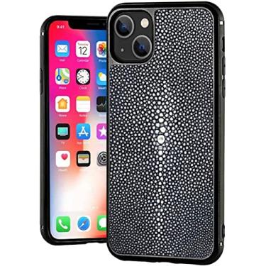 Imagem de FULNES Luxuosa capa de telefone traseira totalmente embrulhada, para Apple iPhone 14 Plus 6,7 polegadas 2022 capa de couro de peixe pérola com forro de microfibra (cor: cinza)