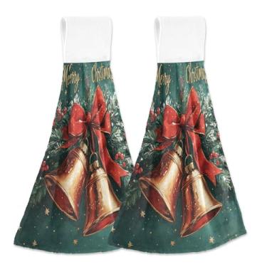 Imagem de Blueangle 2 peças de toalhas de gravata penduradas com sinos de Natal toalha de mão de cozinha absorvente de veludo coral macio pano de pano para cozinha e banheiro (686)