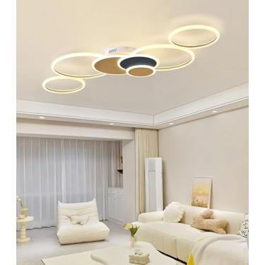 Imagem de Luminária de teto LED moderna de 120 cm com múltiplos anéis, grande, 110 W, super brilhante e dimerizável, lustre de acrílico, luminária de embutir para quarto e sala de jantar (branco + dou