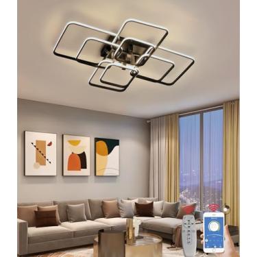 Imagem de Luminária de teto LED retangular para sala de estar, com intensidade regulável e controle remoto, ideal para quarto, escritório e restaurante (preta, 8 anéis).