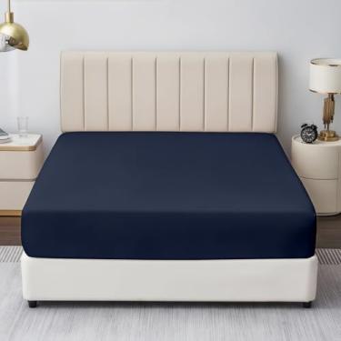 Imagem de Lençol King com elástico de 600 fios, algodão egípcio, tecido de cetim refrescante, bolsos profundos de 40,6 cm, elástico, macio, durável e respirável (azul marinho)