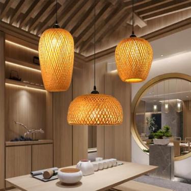 Imagem de Luminária pendente retrô de bambu com 3 chamas, estilo vintage, para sala de jantar, com cúpula tecida à mão em rattan, soquete E27. Ideal para decoração de quarto, sala de estar, mesa de ja