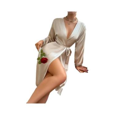 Imagem de Roupão de cetim feminino com cinto elegante cor sólida e sedoso e conf