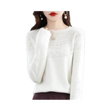 Imagem de Suéter De Pulôver De Lã Merino 100% Para Mulheres, Tricô, Decote Redon