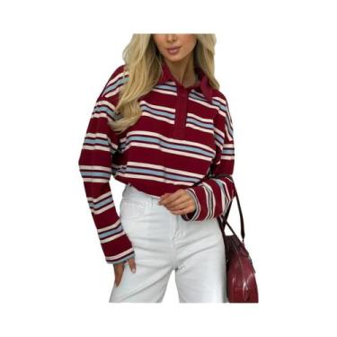 Imagem de Camisa Polo Casual De Outono Para Mulheres Com Listras Contrastantes, 