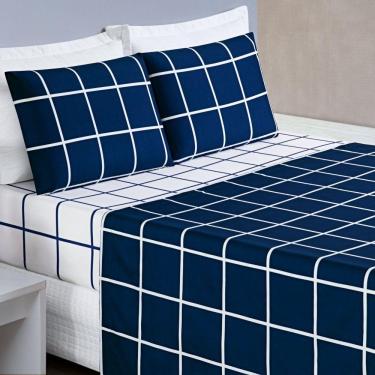 Imagem de Jogo De Lençol Casal Padrão Austin Micropercal 200 Fios - 4 Peças Cor Xadrez Marinho