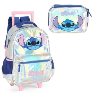 Imagem de Kit Mochila Stitch Rodinha Holografica Escolar C/ Estojo Box - Luxcel