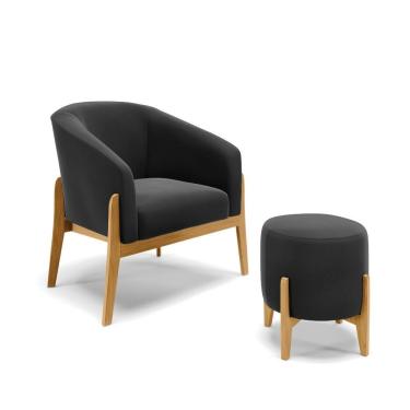 Imagem de Kit Poltrona E Puff Stella Suede Apoio Para Os Pés Cor Preto D'Rossi