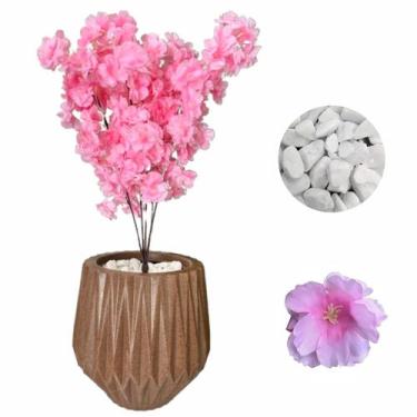 Imagem de Flor Cerejeira Pessegueiro Artificial + Vaso Origami Pedra - Marrom - 