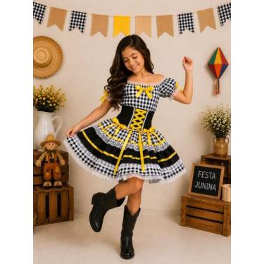 Imagem de Vestido de Festa Junina Infantil Xadrez Preto com Laço Amarelo - junin