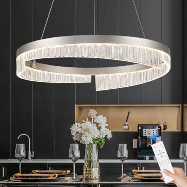 Imagem de Sparklelf Lustre de LED moderno, 1 anel de lustre de 60 cm, luz pendente de LED regulável com controle remoto, lustre circular prateado para sala de estar, quarto, sala de jantar