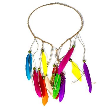 Imagem de Tiara Hippie Indígena de Penas Coloridas Elástico Marrom para Fantasia Extra Festas
