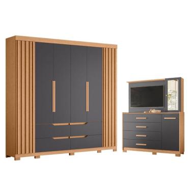 Imagem de Conjunto de Quarto Doble Ilhabela 8 Portas 4 Gavetas MDP 12 e 15mm Titânio Freijo Titanium White Albatroz Móveis