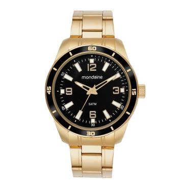 Imagem de Relógio Masculino Clássico Aço Inox Mostrador Preto Dourado Mondaine 45MM