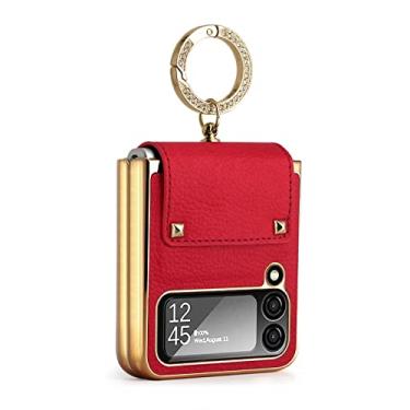 Imagem de MEOORHE Capa de telefone de couro de luxo com lente de vidro protetora para Samsung Galaxy Z Flip 3/Z Flip 4 5G Shell, anel de ouro da moda capa de suporte (Z Flip 4, vermelho)