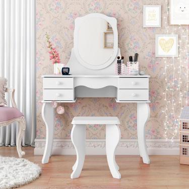 Imagem de penteadeira estilo retro infantil branca 4 gavetas espelho + banco