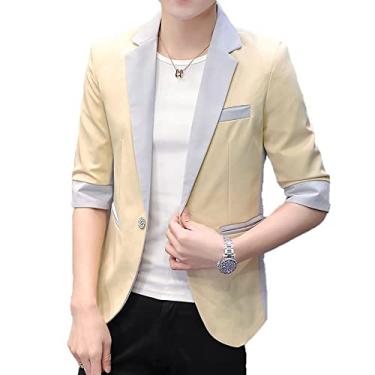 Imagem de Blazer masculino de um botão verão fino manga média terno jaqueta casual slim fit casaco leve negócios festa de casamento ao ar livre, bege, GG (busto: 102 cm)