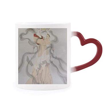 Imagem de Caneca dobrável de beleza com pintura chinesa sensível ao calor, copo de grés que muda de cor vermelha