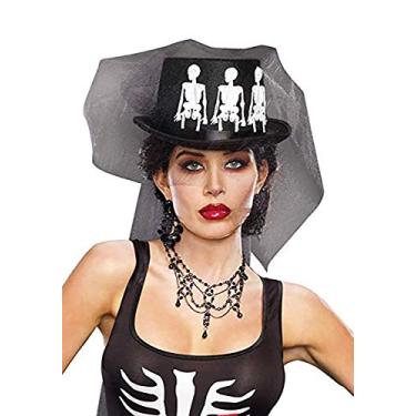 Imagem de Dreamgirl Cartola de esqueleto adulto com véu preto, acessório de fantasia de Halloween gótico feminino assustador Ms. Bones, Preto, tamanho nico