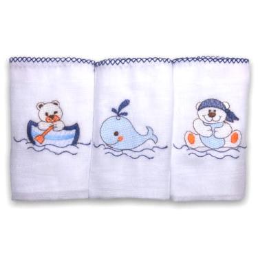 Imagem de Kit 3 Fraldas De Pano para Bebê Bordada Alto Mar Marinho (Baleia, Marinheiro e Ursinho)