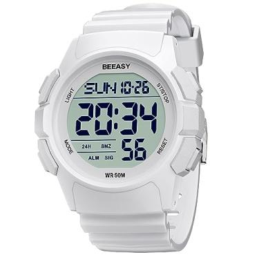 Imagem de Beeasy Relógio esportivo digital masculino, à prova d'água, com cronômetro, cronômetro, função de alarme, pulseira de borracha, relógio de pulso para homens/estudantes, 03 Branco, Digital