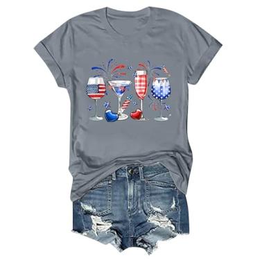 Imagem de Camisetas patrióticas femininas com bandeira americana com estampa engraçada de taça de vinho 4 de julho, camisetas casuais de verão, Cinza, XXG