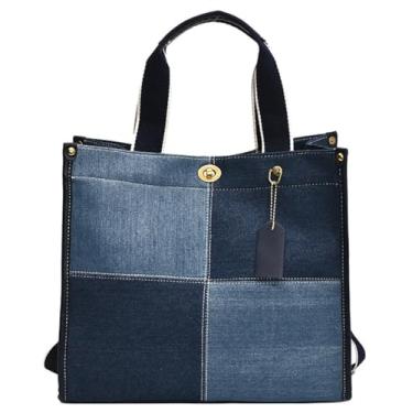 Imagem de Bolsa de lona feminina grande bolsa de ombro jeans vintage bolsas Hobo fofas bolsas trabalho viagem faculdade casual bolsa de mão, B Azul escuro, One Size