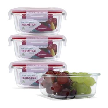 Imagem de KIT 4 Potes de Vidro Quadrado com Tampa Hermética 520ml Cor:Vermelho (LP)