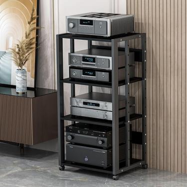 Imagem de Suporte de mídia AV móvel de 3/4/5 camadas Prateleira de canto Suporte para CD Player Gabinete de armazenamento de componentes estéreo Torre de rack de áudio com prateleiras de madeira ajust