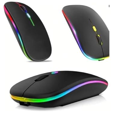 Imagem de Mouse sem fio recarregável com LED RGB, conexão dual Bluetooth 5.0/USB 2.4GHz, DPI ajustável até 1600, ergonômico e silencioso. Disponível nas cores preto, cinza, prateado e branco.