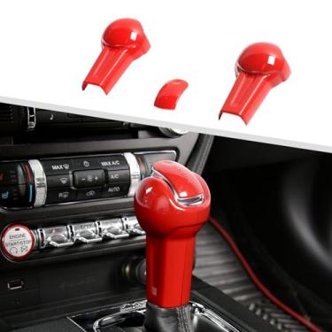 Imagem de Jimen Compatível com Ford Mustang 2015-2023, 3 peças de kits de acabamento interno de tampa de sobreposição de alavanca de marchas (vermelho)